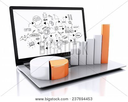 3d Illustration Render. Laptop With Chemestry Sketch. Education Concept. Isolated On White Backgroun