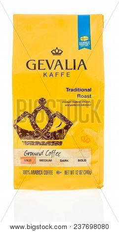 Winneconne, Wi -  20 April 2018: A Bag Of Gevalia Kaffee Traditional Roast Coffee On An Isolated Bac