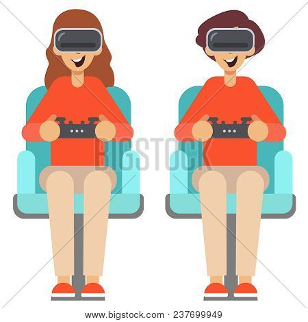 Pop Art Couple Playing Video Game At Home. Girl And Guy With Console Joystick. Vector Illustration. 