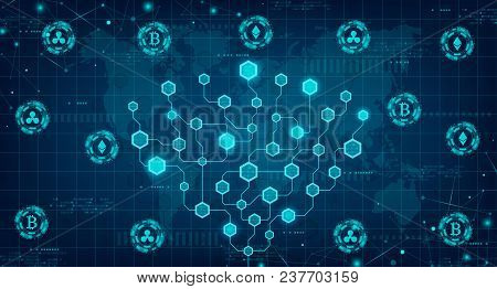 Abstract Cryptocurrency And Blockchain Concept. Modern Concept Of Global Currency In The Shape Of Bl