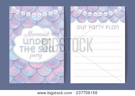 Party Invitation Cards. Holographic Fish Or Mermaid Scales, Pearls And Frame With Text. Vector Illus