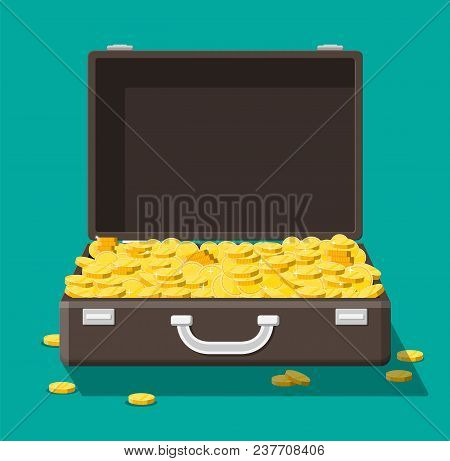Open Leather Suitcase Full Of Money. Stacks Of Gold Coins In Case. Symbol Of Wealth. Business Succes