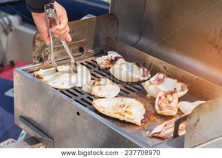 Sea Food Is Squid Barbecue Cooking On Luxury Yacth, Vacation Holidays Concept Bbq Yacht Paryty In Th