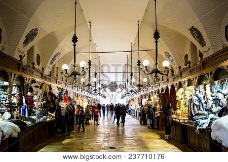 Krakow, Poland - Circa January, 2014: The Crowded Cloth Hall Gallery, Or Sukiennice, Located On Ryne