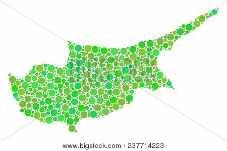 Cyprus Island Map Mosaic Of Randomized Filled Circles In Variable Sizes And Green Color Tones. Vecto