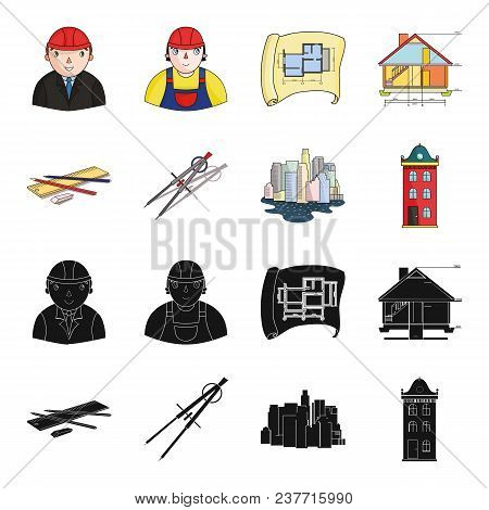 Drawing Accessories, Metropolis, House Model. Architecture Set Collection Icons In Black, Cartoon St