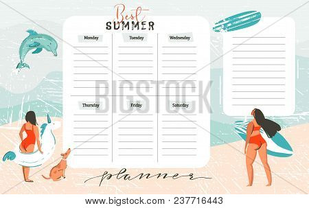 Hand Drawn Vector Abstract Exotic Summer Time Funny Best Summer Weekly Organize Page Template With S