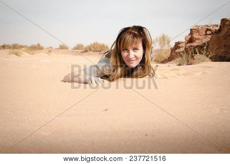 Girl Have Fun In Desert In A Summer Day