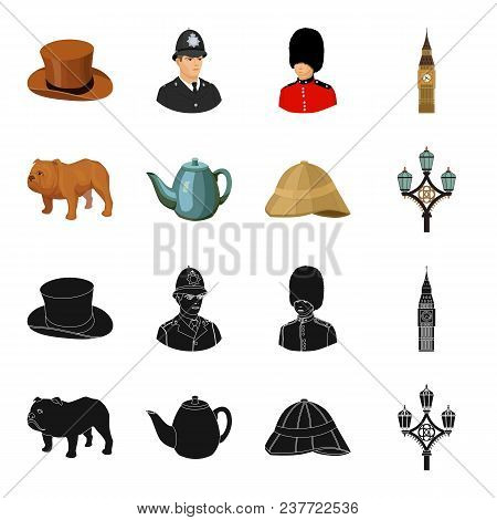 Breed Dog, Teapot, Brewer .england Country Set Collection Icons In Black, Cartoon Style Vector Symbo