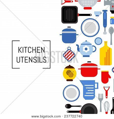 Banner Or Poster Vector Flat Style Kitchen Utensils Background Illustration With Place For Text