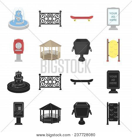 Telephone Automatic, Gazebo, Garbage Can, Wall For Children. Park Set Collection Icons In Black, Car