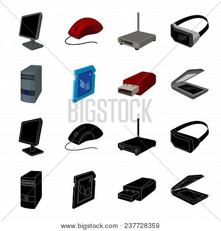 A System Unit, A Flash Drive, A Scanner And A Sd Card. Personal Computer Set Collection Icons In Bla