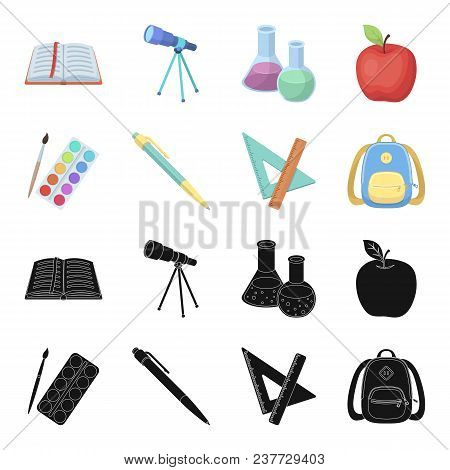 Multicolored Paints With A Tassel, Pen, Triangle And Ruler, Satchel, Briefcase. School And Education
