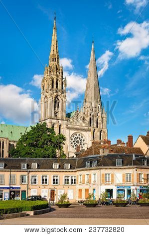 Chartres, France - May 21, 2017: View To Cathedral Of Our Lady Of Chartres From Place Chatelet. Unid
