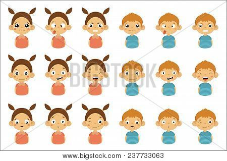 Boys And Girls With Different Emotions Set, Funny Faces Of Little Kids Vector Illustrations Isolated