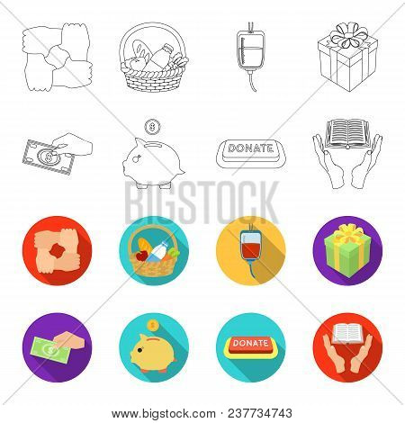 Hand With Money For Poshestvovaniya, A Piggy Bank For Charity, A Button With An Inscription, A Book 