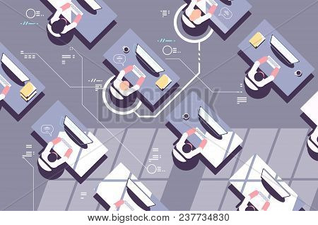 Top View Of Office Workers In Workplace. Department Of Company. Vector Illustration