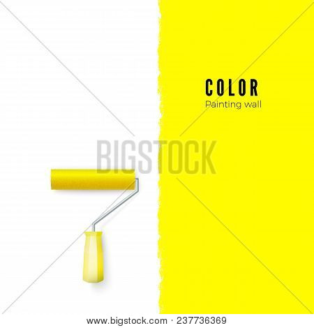Paint Roller With Paint And Space For Text Or Other Design On Vertical Wall. Vector Illustration
