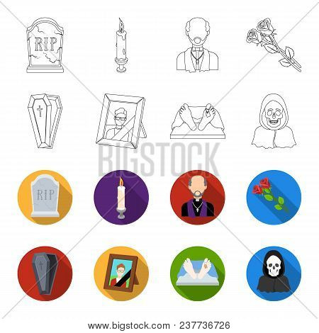 Coffin With A Lid And A Cross, A Photograph Of The Deceased With A Mourning Ribbon, A Corpse On The 