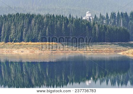 Daylight Misty View To Oasa Dam Lake With Mountains