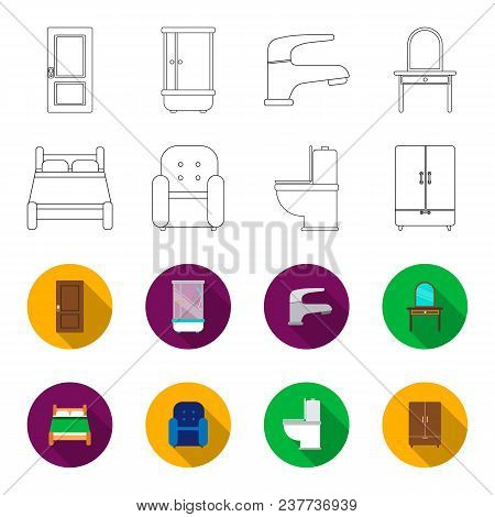 A Bed, An Armchair, A Toilet, A Wardrobe.furniturefurniture Set Collection Icons In Outline, Flat St