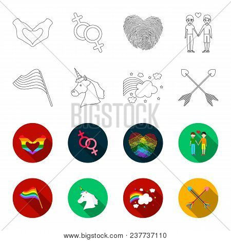 Flag, Unicorn Symbol, Arrows With Heart.gay Set Collection Icons In Outline, Flat Style Vector Symbo