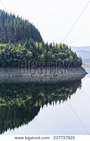 Daylight Misty View To Oasa Dam Lake With Mountains