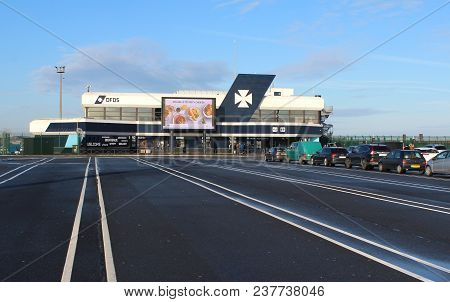 Dunkirk, France, April 3 2018: The Terminal Building Of Cross Channel Ferry Operator Dfds Seaways At
