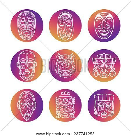 Bright Icons With White African Tribal Vodoo Masks Of Set. Vector Illustration
