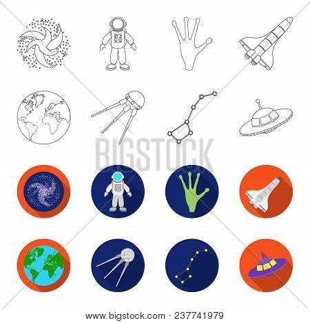 Planet Earth With Continents And Oceans, Flying Satellite, Ursa Major, Ufo. Space Set Collection Ico
