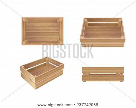 Vector Photo Realistic Empty Wooden Crates Isolated On White. Top, Front And Perspective Views