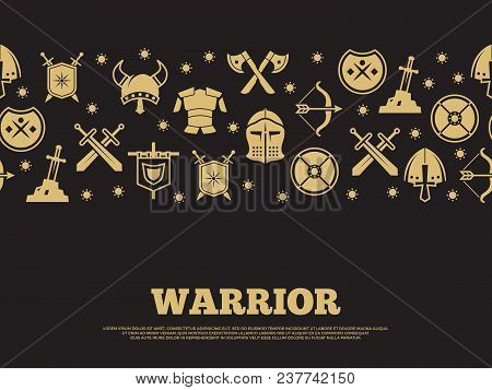 Vintage Warrior Banner And Poster Background With Mediewal Knights Silhouette Icons. Vector Illustra