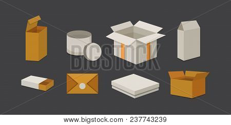 Set Open And Closed Carton Box. Delivery Packaging Vector Illustration