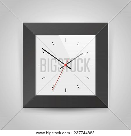 Simple Realistic Clock In Squre Black Frame On Light Gray Background. Watch On The Wall. Vector Desi