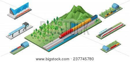 Isometric Railway Transport Concept With Cargo Freight High Speed Passenger Trains Locomotive And Su