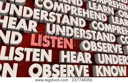 Listen Hear Observe Understand Word Collage 3d Illustration