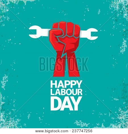 1 May Happy Labour Day Vector Label With Strong Red Fist On Torquise Background . Labor Day Backgrou