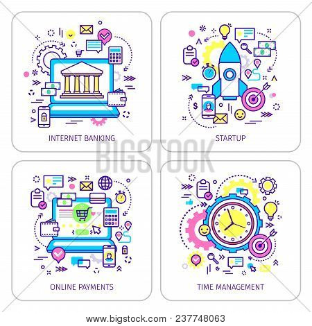 Set Of Lineart Business Illustration. Banking, Light Bulb With Gears, Startup, Online Payments, Time
