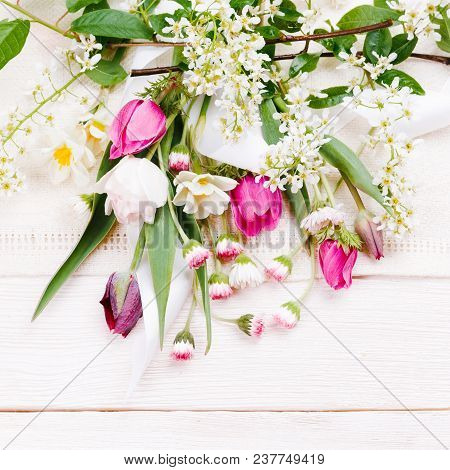 Flowers Composition. Frame Made Of White Flowers On White Background. Valentine's Day. Flat Lay, Top