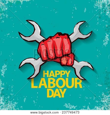 1 May Happy Labour Day Vector Label With Strong Red Fist On Torquise Background . Labor Day Backgrou