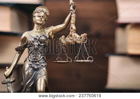 Law And Justice, Scales Of Justice, Justitia, Lady Justice, Law Library Concept, Law Books In The Ba