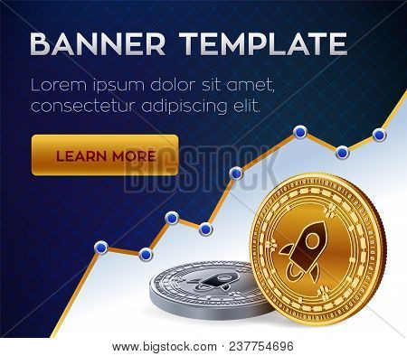 Cryptocurrency Editable Banner Template. Stellar. 3d Isometric Physical Bit Coin. Golden And Silver 
