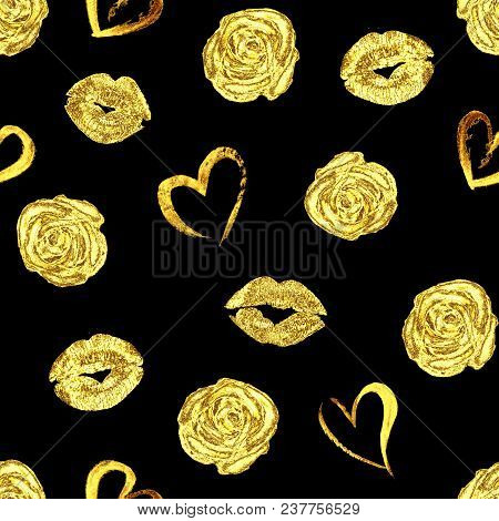 Seamless Romantic Pattern With Beautiful Gold Lips Kiss Traces, Roses And Hearts On Black Background