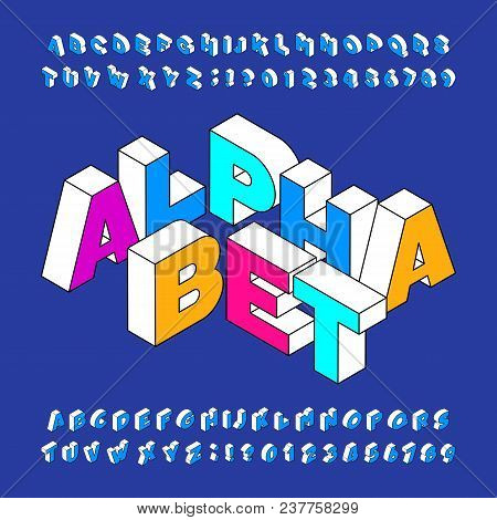 Isometric alphabet font. Three-dimensional effect bold letters and numbers with drop shadow. Stock vector typeface for your design.