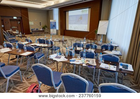 MOSCOW, RUSSIA - OCT 19, 2017: Auditorium in Hilton Garden hotel during break of Compliance Case Forum 2017. The forum organizer was the company Business Summit of Future.