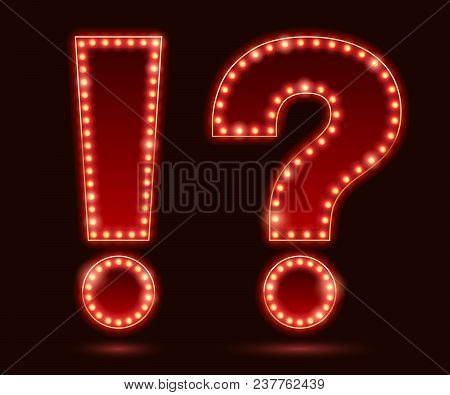 Light Bulbs Vintage Neon Glow Arrow Frame Vector. Exclamation Point And Question Mark Forms. Good Fo
