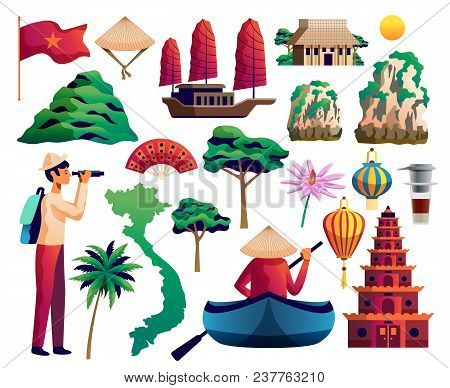 Vietnam Isolated Icons Set Of Vietnamese Landmarks Traditional Cultural Symbols National Flag Vector