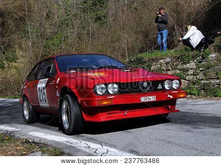 Imperia Italy - April 22 2018 - 65th Sanremo Rally: An Alfa Romeo Alfetta Gtv Engaged In The Race Du