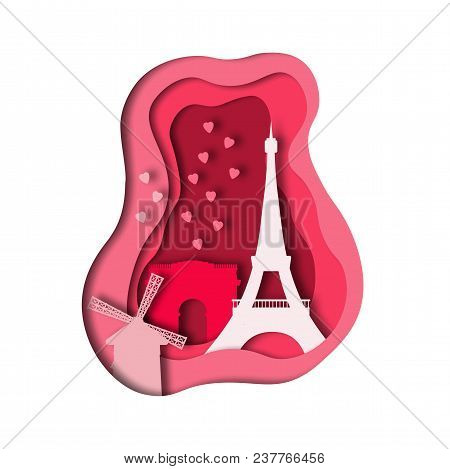 Symhols Of Paris - Arch Of Triumph, Eiffel Tower. Paper Cut Style. Vector Illustrtation.