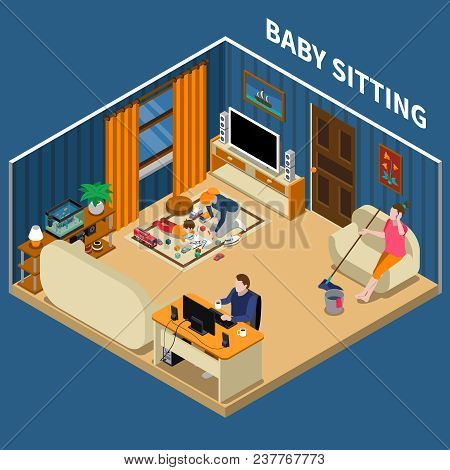 Baby Sitter During Classes With Child, Mother During Housework, Father Near Computer Isometric Compo